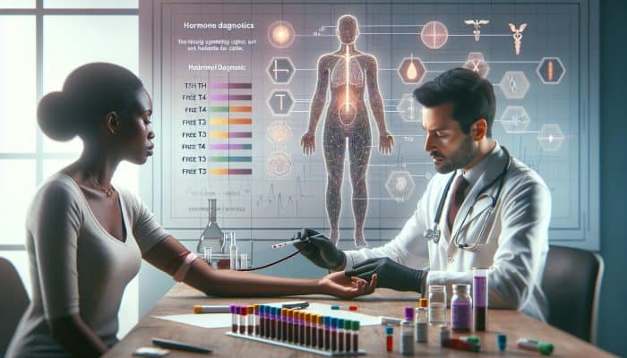 Thyroid Blood Test in Potters Bar: A doctor draws blood from a patient's arm in a modern UK clinic, surrounded by lab equipment and labeled TSH, Free T4, T3 tubes.
