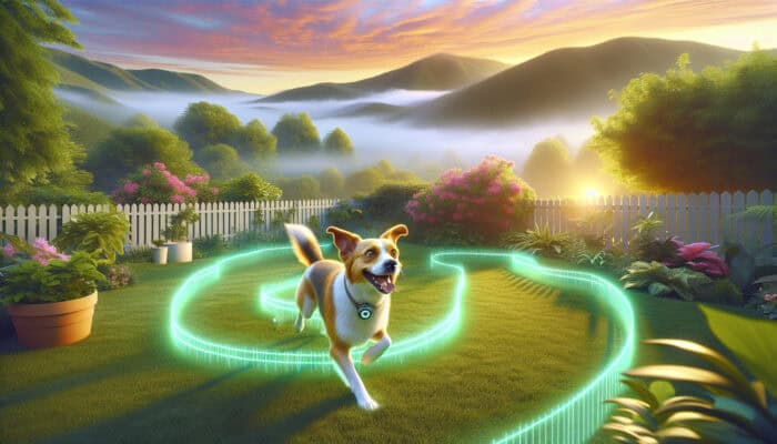 A curious dog explores a lush green backyard with an invisible GPS fence, foggy hills, and a vibrant sunset sky.
