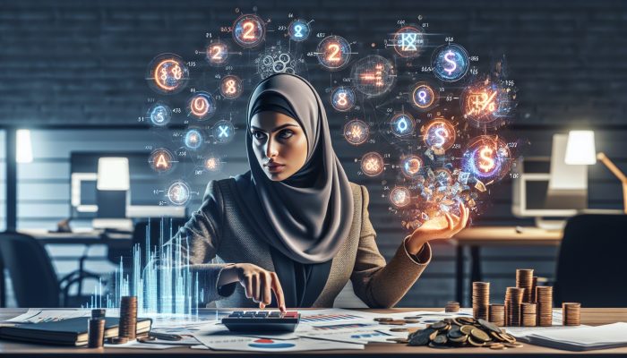 Financial analyst reviews colorful charts of interest rates and fees in a modern office, surrounded by calculators, documents, and coins, with a determined expression.