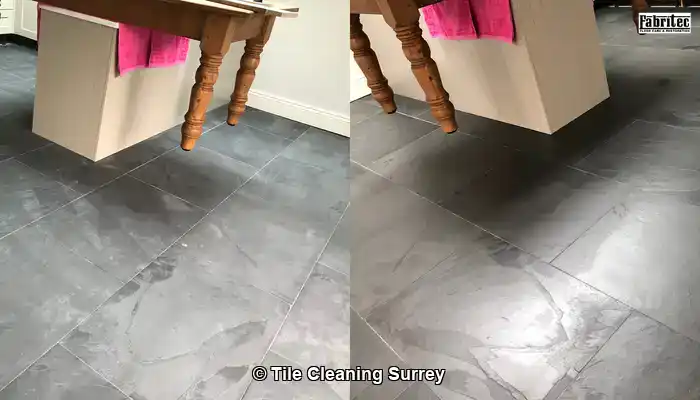 Before and after image of a slate floor before and after cleaning in a Surrey home