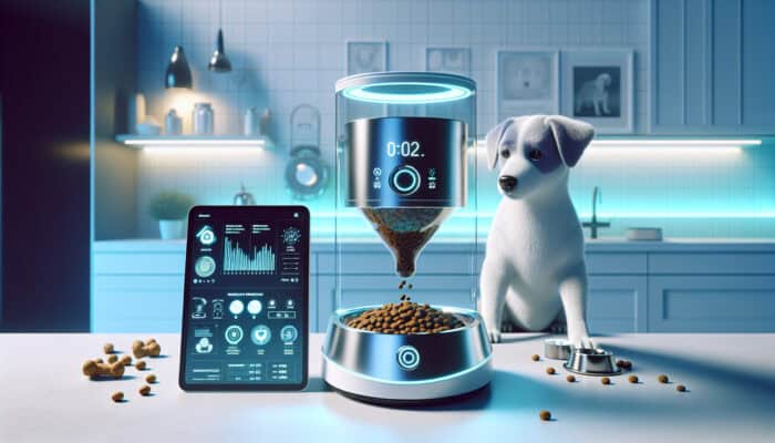 Augmented Feeding Schedules for Pets: Curious dog eating from smart feeder in modern kitchen, with digital scale, nutrition app on tablet, and soft blue lighting.