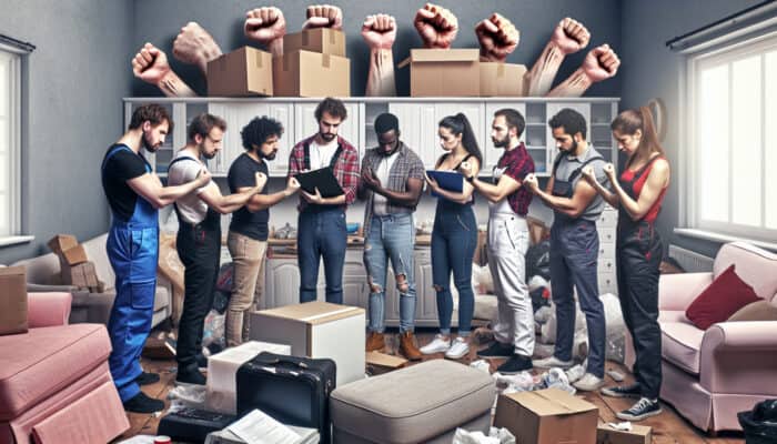 A team of UK house clearance experts in a cluttered Manchester home, hauling sofas and refrigerators while reviewing £500 cost notes.
