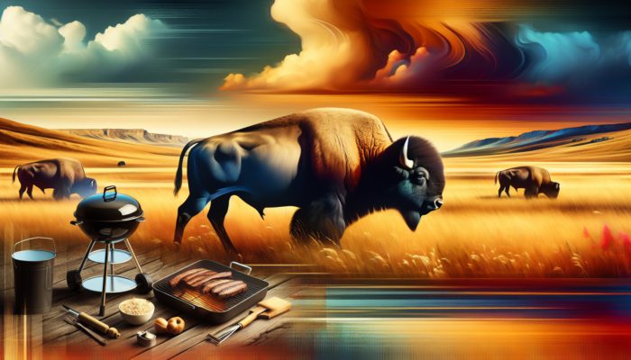 A majestic bison grazes in golden western pastures near a smoky BBQ grill under a dramatic sunset, evoking American cuisine's flavours.