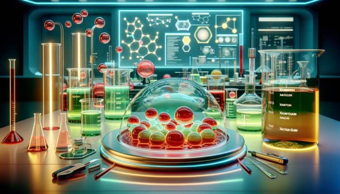 A futuristic molecular gastronomy lab with translucent red agar gels, shimmering green sodium alginate spheres in bubbling liquid, creamy yellow xanthan sauce, beakers, pipettes, and vibrant lighting.