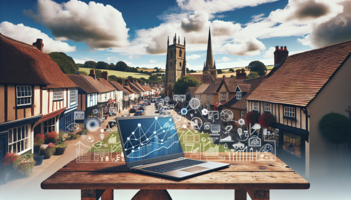 A modern laptop on a rustic table in Sherborne displays a dynamic website with growth graphs and icons under a sunny sky.