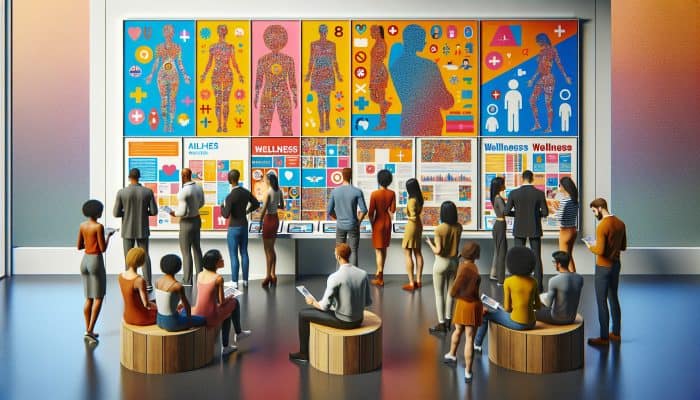 A diverse group in a modern UK NHS center reviews eligibility posters and fills forms on digital screens for inclusive wellness programs.