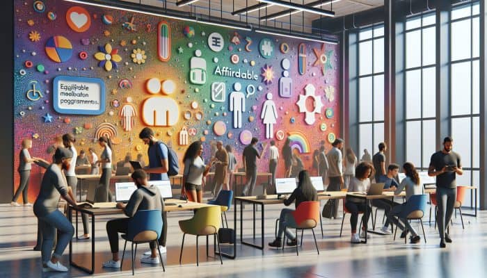 Diverse individuals in a modern UK community center browse laptops for affordable wellness programs, surrounded by colorful eligibility charts and motivational posters.