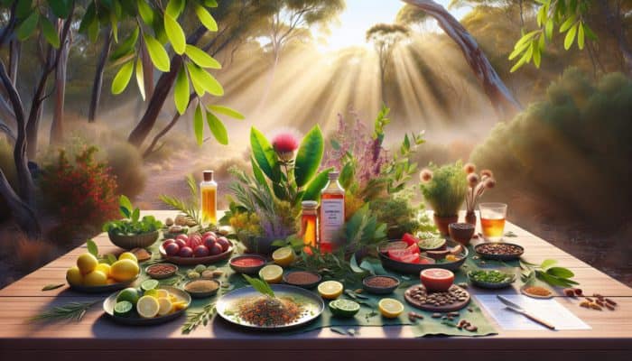 Sunlit outdoor table with fresh lemon myrtle in salad, wattleseed on desserts, and ripe bush tomatoes in a vibrant bushland scene.