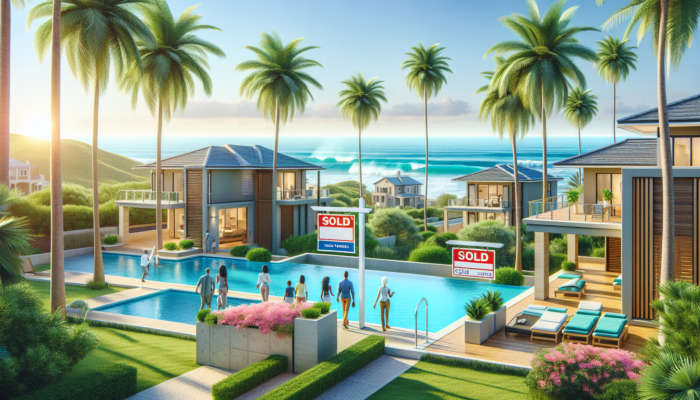 Modern homes in Umhlanga with sold signs on well-kept lawns, overlooking ocean waves and swaying palm trees, as buyers enjoy the sunny weather.