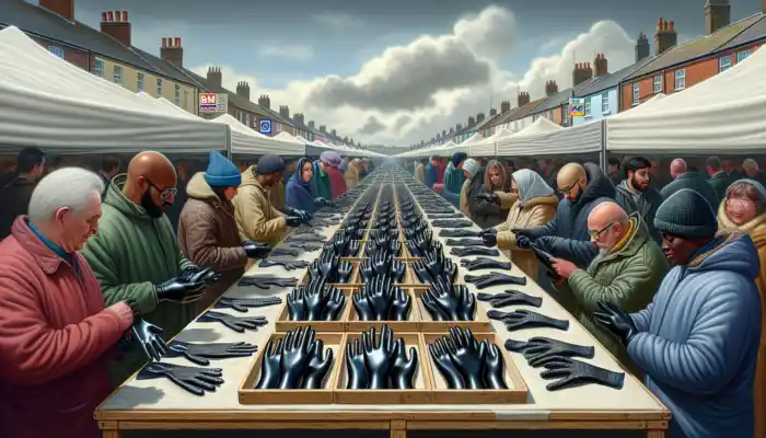 Market scene in Poole: Vendors showcase shiny black latex gauntlet gloves on wooden stalls, with shoppers examining them under cloudy skies featuring B&M and Tesco signage.