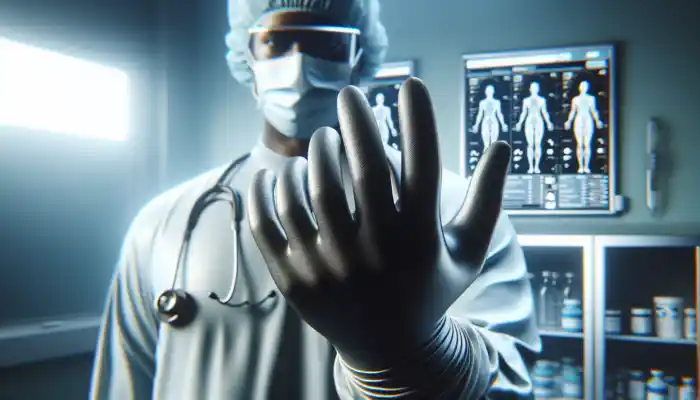 Close-up of latex gauntlet gloves worn by a healthcare worker in a sterile Poole clinic, highlighting protection during procedures.