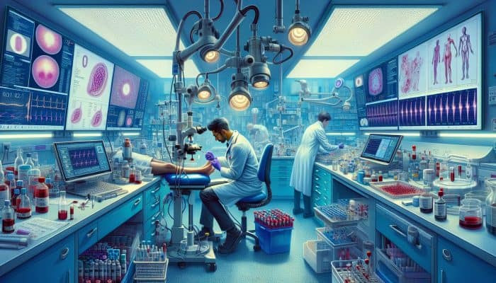 In a bustling UK NHS lab, a technician in a white coat draws blood for T4 testing, surrounded by microscopes, hormone graphs, and bright lights.