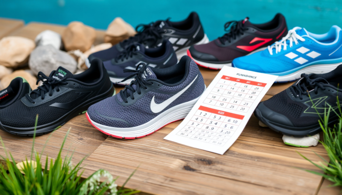A diverse selection of shoes on a wooden table, featuring running shoes beside a size guide, surrounded by outdoor elements like rocks and grass.