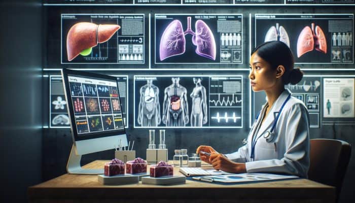 A doctor in a modern Port Talbot clinic examines liver blood test graphs showing elevated bilirubin, with anatomical liver models and jaundice charts on display.