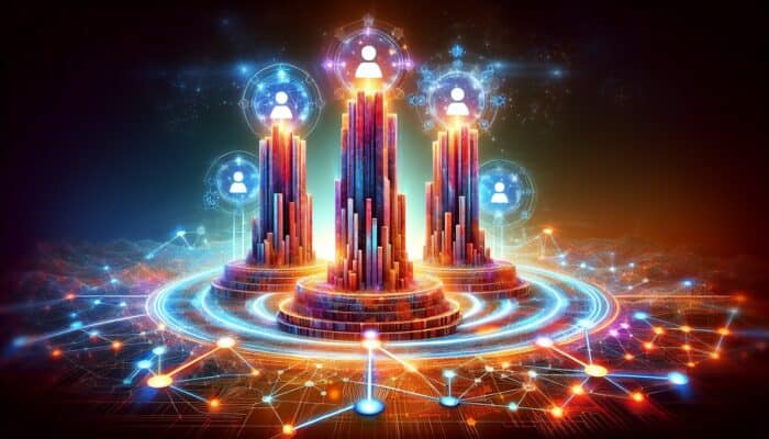 A vibrant digital landscape with E-E-A-T pillars towering over glowing backlinks, search results, and engaged users, symbolising improved rankings.