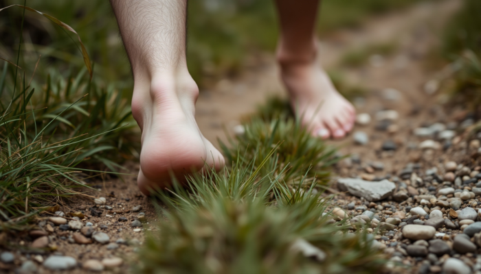 A close-up of a person's bare feet walking on a natural trail, surrounded by grass and pebbles, emphasizing the foot's natural shape and the terrain's texture.