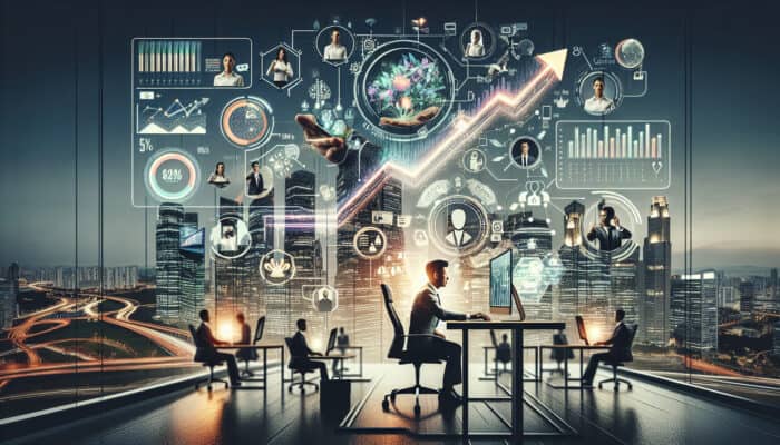 Entrepreneur in a modern Singapore office video calls remote VA managing inquiries, while innovating amid upward-trending charts.