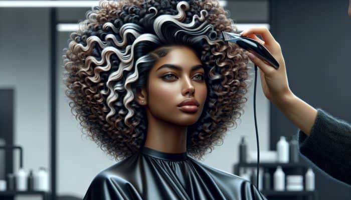 A hairstylist in a modern salon layers textured curls using varying clipper speeds, adding depth and movement to fine and coarse hair.