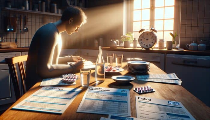 A patient sits in a sunlit kitchen at dawn, fasting with an empty plate and water, writing a medication list in a notebook, surrounded by NHS pamphlets and a clock indicating eight hours.