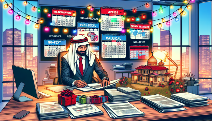 A busy South African office in KwaZulu-Natal: a diverse loan officer reviews pre-approval documents on a cluttered desk, surrounded by calendars, twinkling holiday lights, and regional maps.