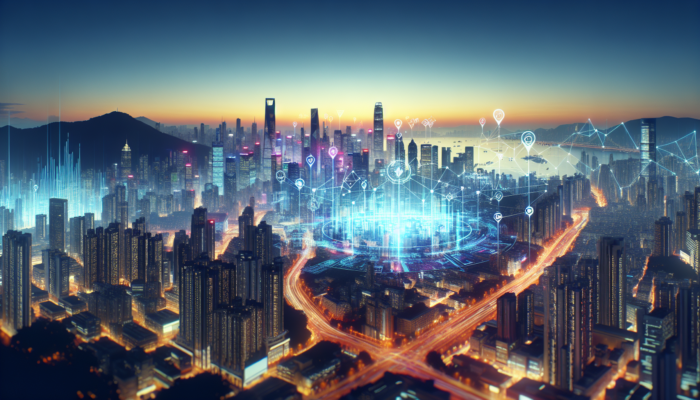 Vibrant cityscape at dusk with digital map highlighting real estate hotspots via golden pins, rising skyscrapers, property value graphs, and busy investors.