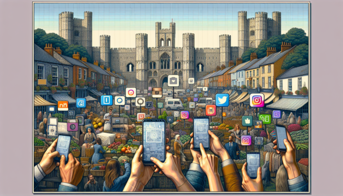 Vibrant Instagram marketing launch in Devizes: marketers with smartphones showcasing viral posts amid historic castle ruins and bustling markets.