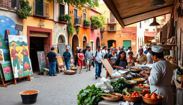A lively street scene in San Miguel de Allende with local artists painting murals against colorful colonial architecture, while a chef prepares traditional Mexican dishes in an open-air kitchen, highlighting cultural exchange and culinary experiences.