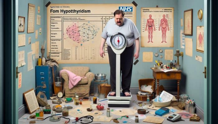 Frustrated overweight British man on bathroom scale, surrounded by NHS thyroid charts in cluttered home, symbolizing weight gain from hypothyroidism.