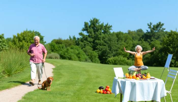 Elderly couple enjoying wellness activities outdoors, one walking a dog, another practising yoga, with fresh fruits and vegetables set against a backdrop of lush greenery.