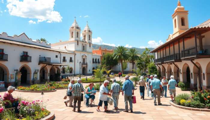 A picturesque view of San Miguel de Allende showcasing colonial architecture and vibrant gardens, with retirees painting, volunteering, and socialising in a sunny plaza.
