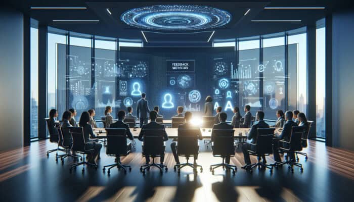 Experts in a modern conference room debating virtual assistant feedback, with holographic AI projections, data charts, and soft blue lighting.