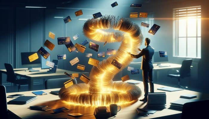 Understanding Debt Consolidation Costs: Essential Information | DCL Determined individual in a modern office merging tangled debt chains into a glowing golden stream, symbolizing financial relief.