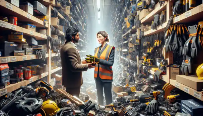 A professional advisor demonstrates safety gloves in a cluttered Leighton Buzzard hardware store, surrounded by tools and gear.