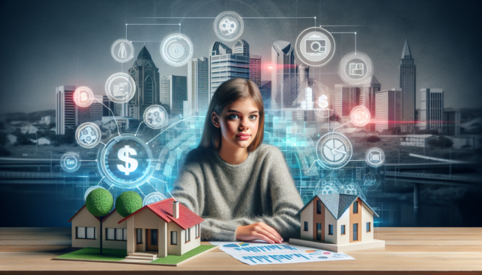 Young buyer in Witbank reviews home loan and FLISP documents, surrounded by interest graphs, a model house, and urban skyline.
