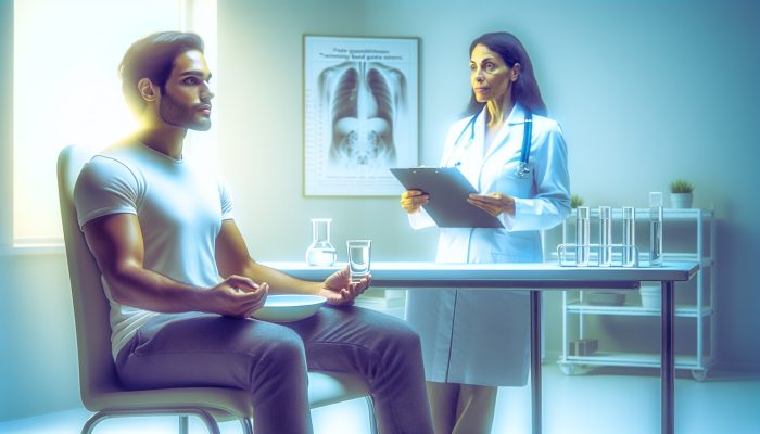 Patient in a modern UK clinic sits calmly with an empty plate and water glass, as a doctor explains fasting for a testosterone blood test.