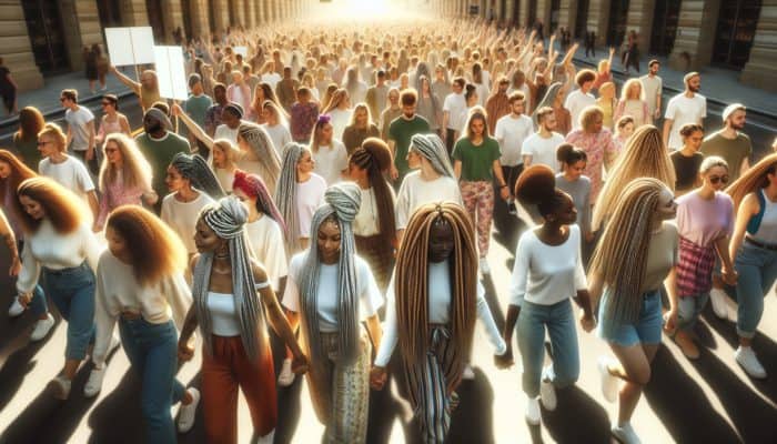 Diverse participants with intricate braids walk hand-in-hand on a sunlit path, holding charity banners and sharing smiles to foster community unity.