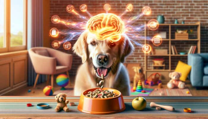 A curious golden retriever enjoying brain-boosting supplements, with glowing neural networks radiating from its head, set in a sunny home filled with toys.