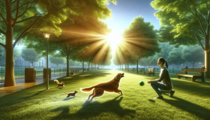 A pet owner observes a focused dog retrieving a ball in a sunny park, illustrating improved engagement from brain supplements, with trees and squirrels in the background.