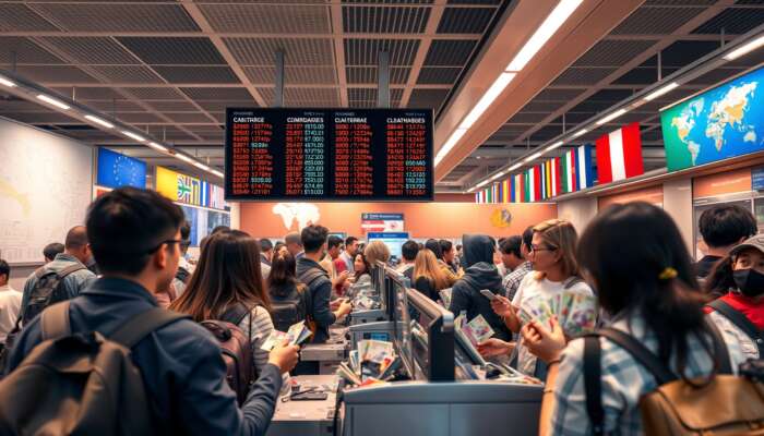 A busy airport currency exchange booth with travelers swapping colorful banknotes, a screen showing fluctuating rates, flags, and maps.