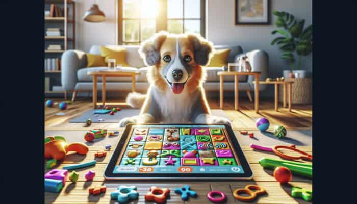 A curious dog with a joyful expression interacts with a puzzle app on a tablet in a sunlit living room, surrounded by colorful toys and treats.