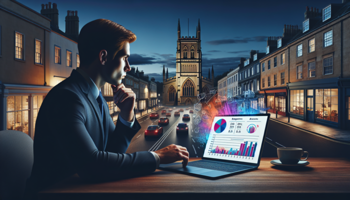 In a modern Cirencester office, a focused business owner reviews Google Analytics graphs on a laptop for blogging metrics.