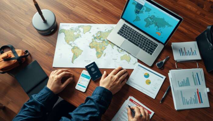 A traveller sitting at a wooden desk, planning a trip with a world map, a laptop displaying apps, passport, important documents, a budget chart, and an emergency contact list.