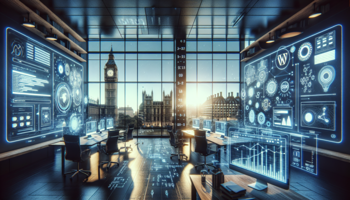 WordPress experts collaborating in a modern London office around holographic website designs, code, and SEO graphs, with Big Ben visible.
