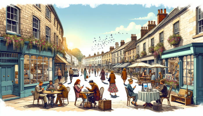Online Marketing in Glastonbury for Small Business: A bustling Glastonbury street with a cozy café showing a Google My Business sign, a chic boutique displaying Instagram collections, and locals using smartphones under a sunny sky.