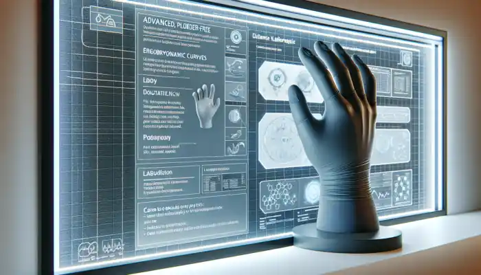 Close-up of innovative powder-free latex gauntlet gloves featuring ergonomic curves, textured fingertips, and flexible blends in a Colchester lab.