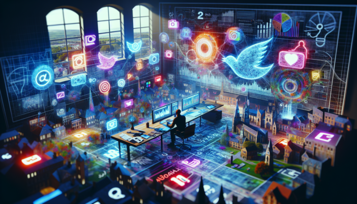 Comprehensive overview of social media management services in Shaftesbury, showcasing a marketer analysing social media metrics on multiple screens accompanied by local landmarks.