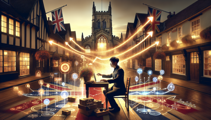 An analyst in historic Shaftesbury, UK, scrutinizes a glowing dashboard with rising graphs that represent social media ROI metrics and British flags.