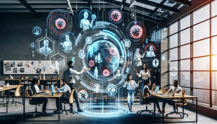 Virtual assistants collaborating on video calls in a modern home office, multitasking, solving problems with digital tools, and holographic evaluation symbols.