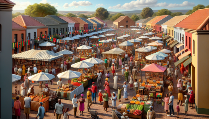 Busy marketplace at a Mpumalanga golf charity event, with colorful stalls selling local crafts, food, gear, and crowds shopping under sunny skies.