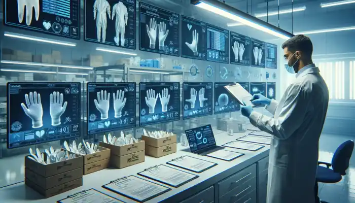 Quality assurance expert evaluating latex gauntlet glove samples in a sterile lab, surrounded by checklists, packaging, and tablets under bright lights.